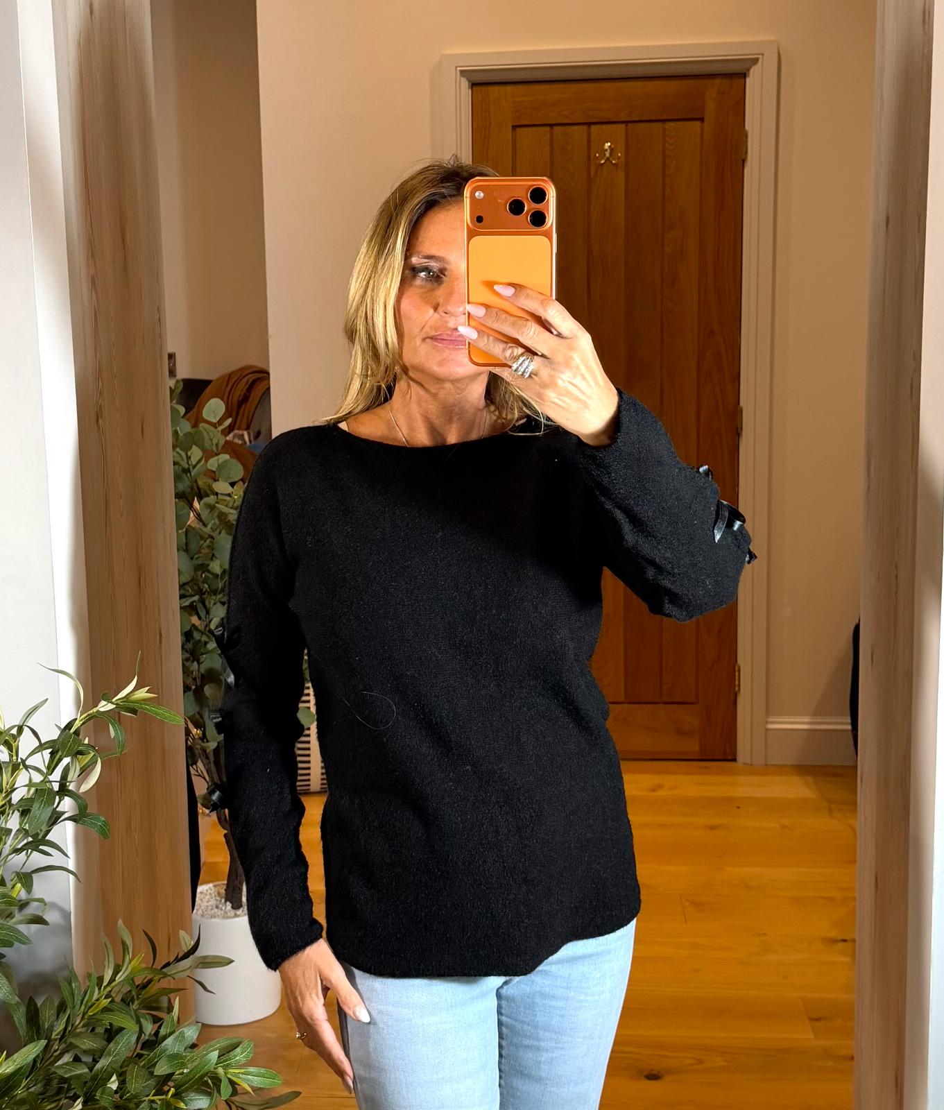 Amelia Slash Neck Jumper with Satin Bows on Sleeves