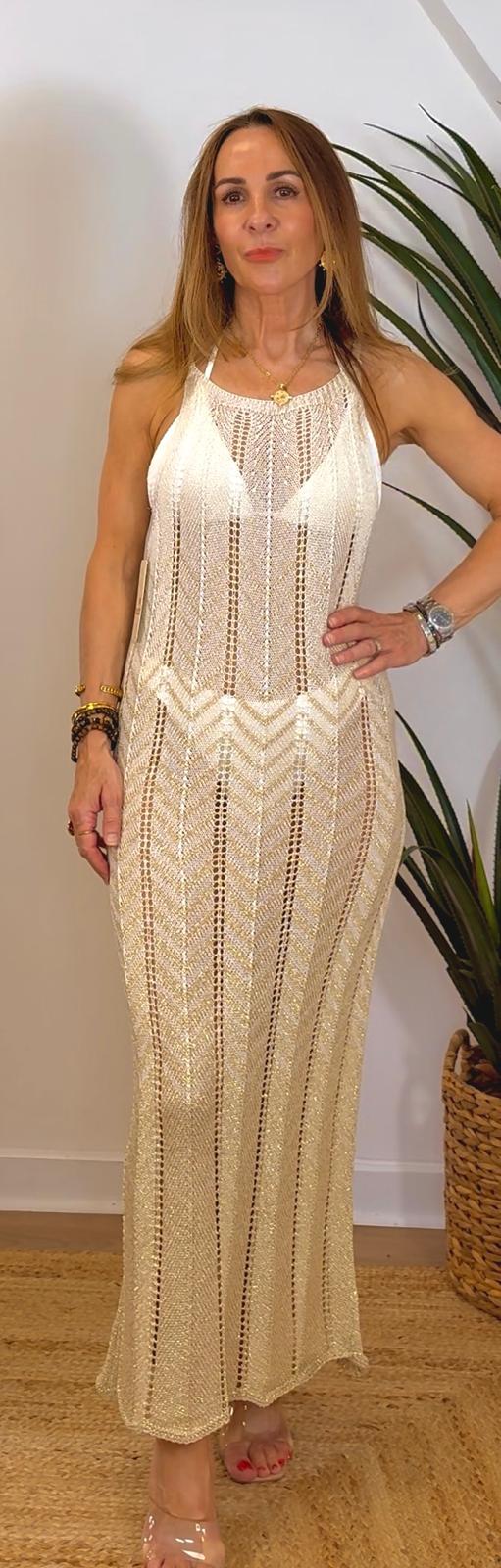 Erin cream Knit Maxi Dress with Gold Lurex & Scalloped Hem