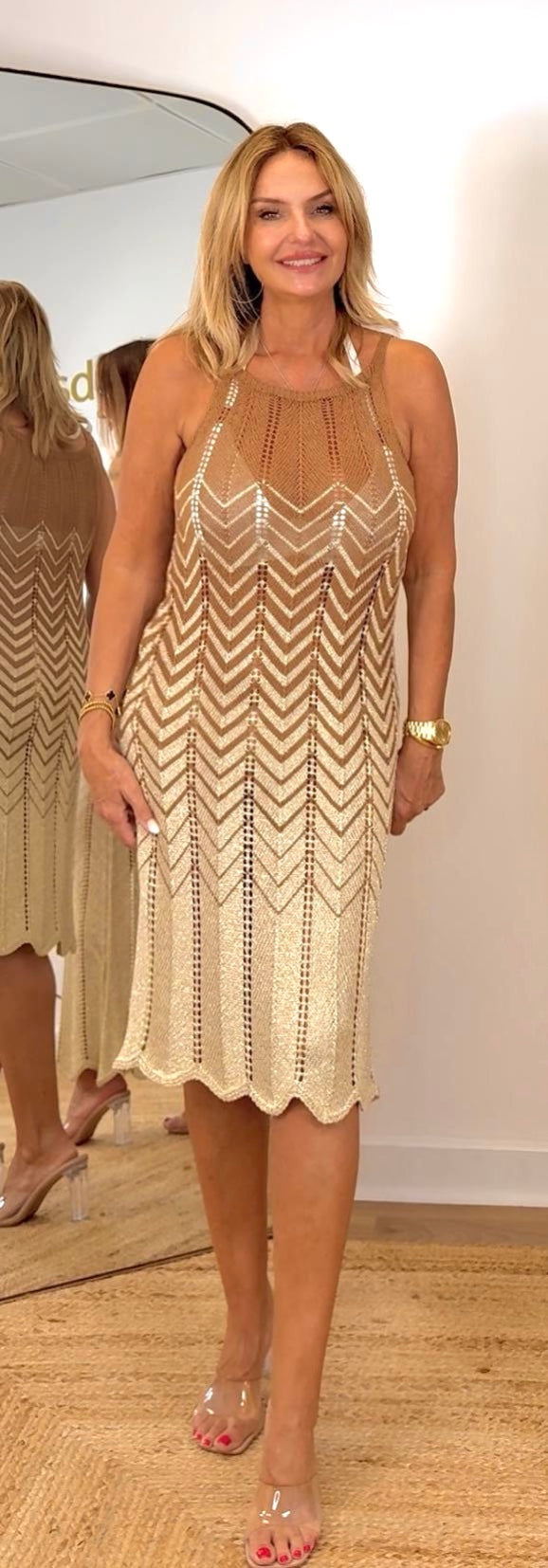 slim fit dress slacks Evie Brown & Gold Knit Midi Dress – Coco Bay Marbella Boutique