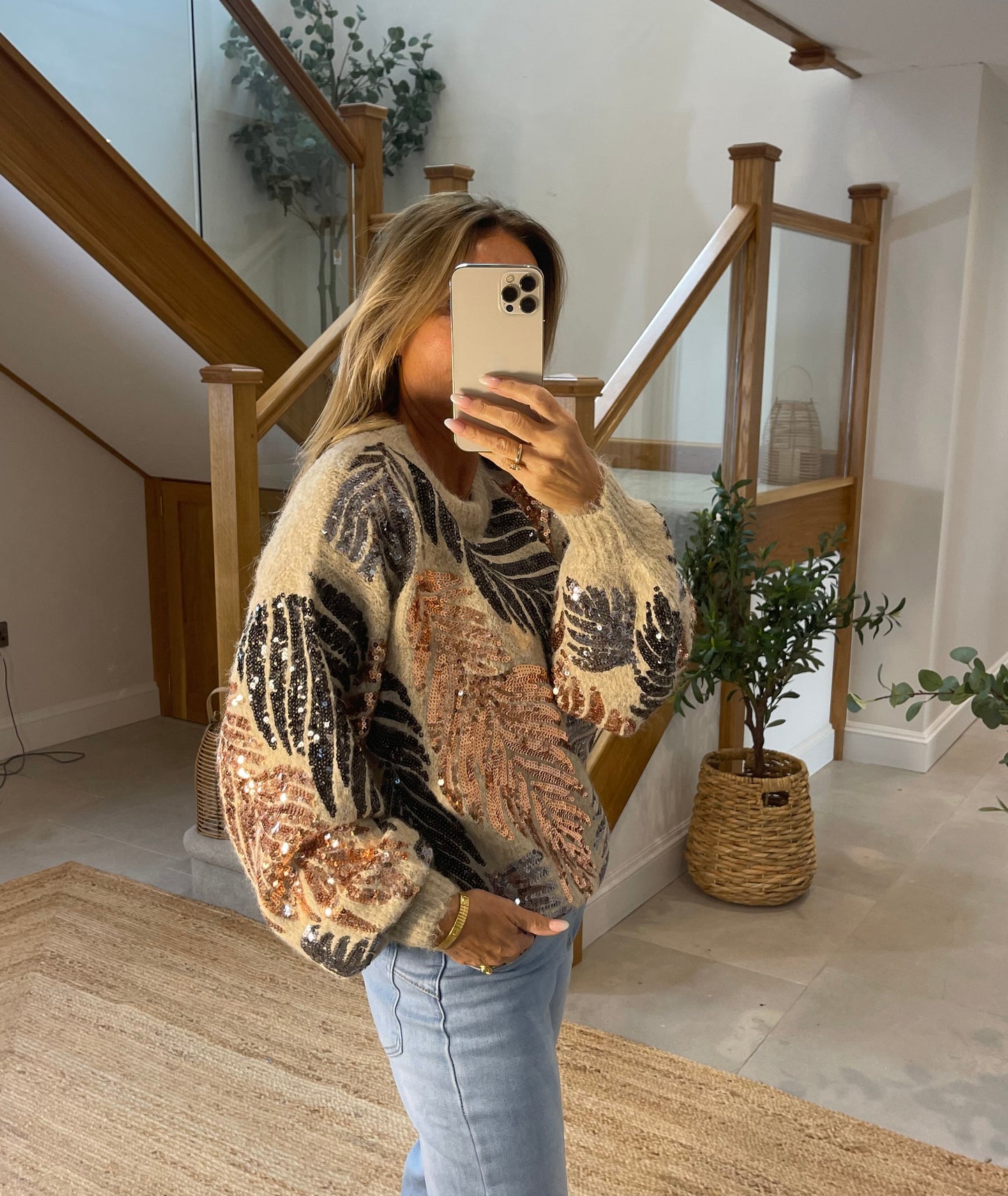 Lana Beige Wool Mix Jumper with Sequin Palm Detail