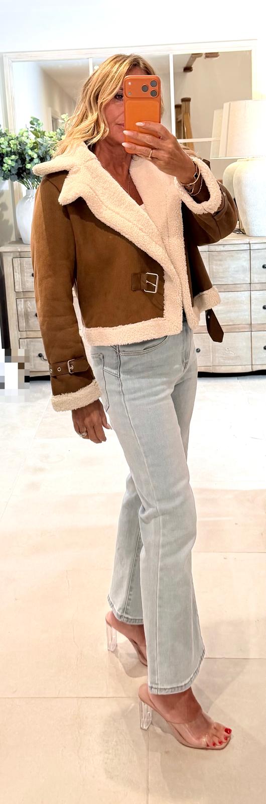 Chloe Flight Jacket in Faux Suede and Sheepskin Trim