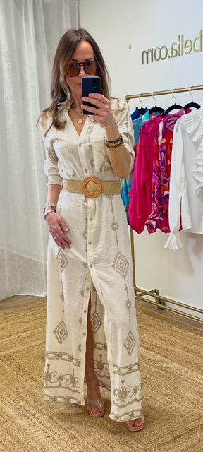 Athena Cream & Gold Cotton Maxi Shirt with Belt