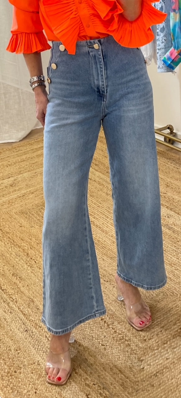 Sailor Wide Cropped Blue Jean Gold Buttons