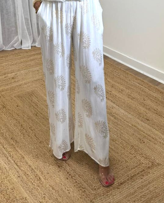 Margot White Wide Leg Trouser with Gold Motif