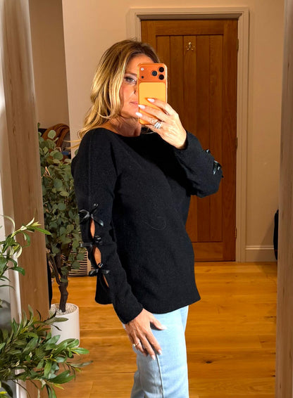 Amelia Slash Neck Jumper with Satin Bows on Sleeves