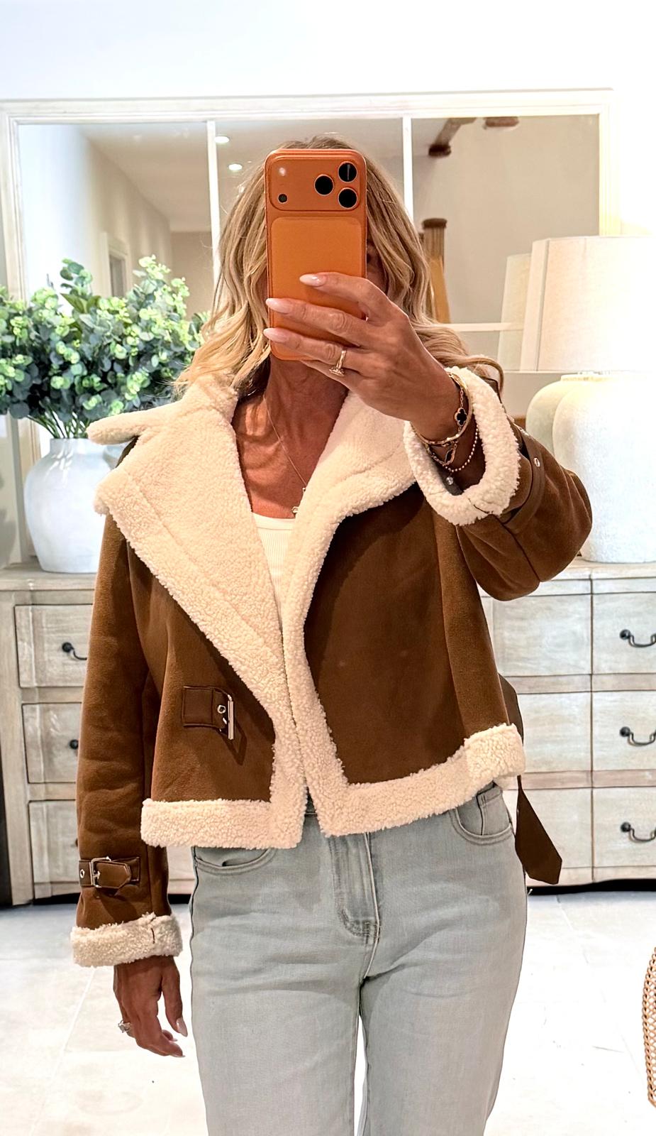 Chloe Flight Jacket in Faux Suede and Sheepskin Trim
