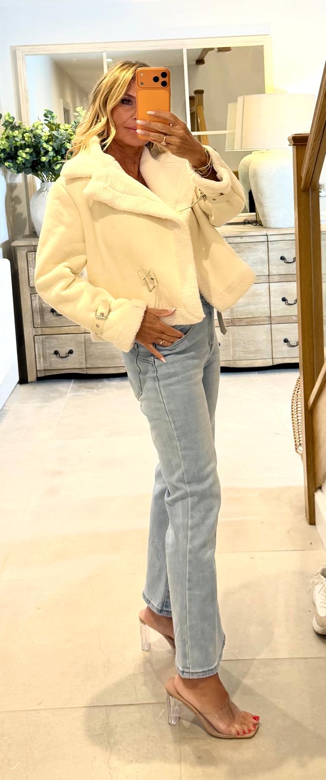 Chloe Flight Jacket in Faux Suede and Sheepskin Trim