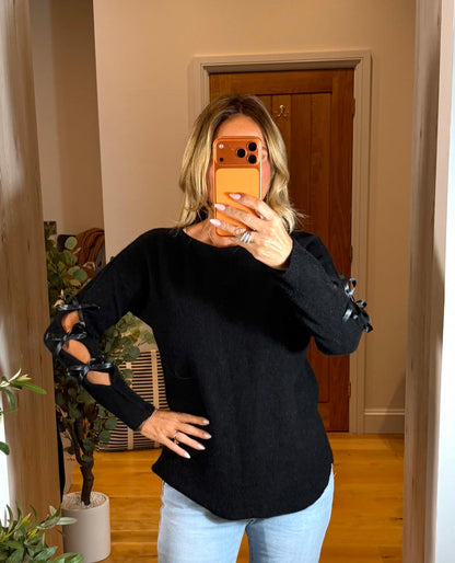 Amelia Slash Neck Jumper with Satin Bows on Sleeves