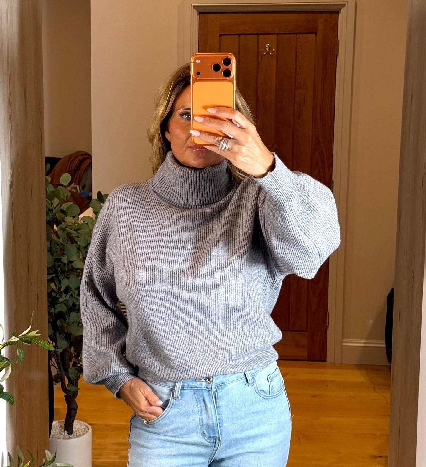 Delilah Ribbed Polo Neck Top with Blouson Sleeves