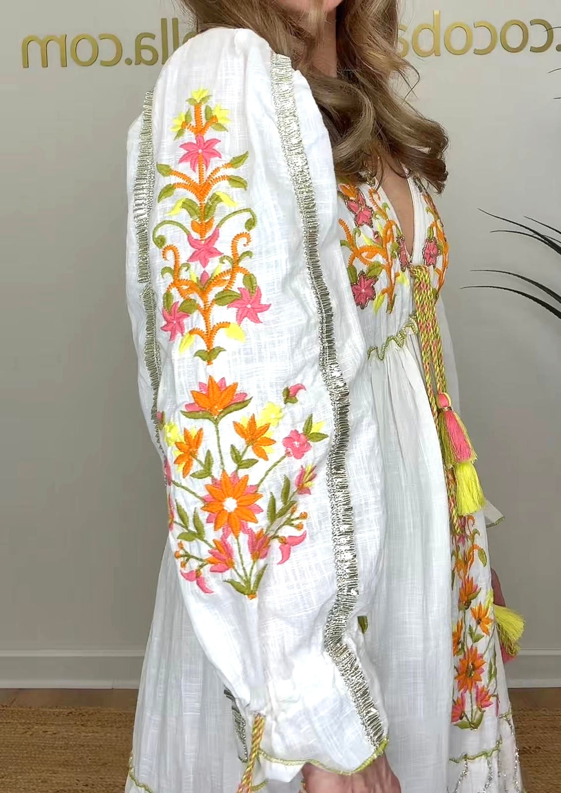 Java boho hand embroidered ivory maxi