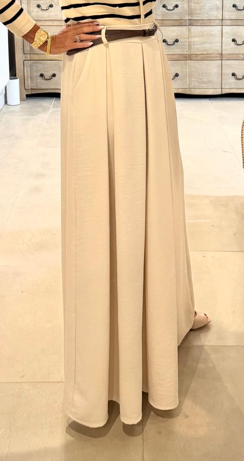 Gina Cream Wide Leg Pleated Trousers with Belt