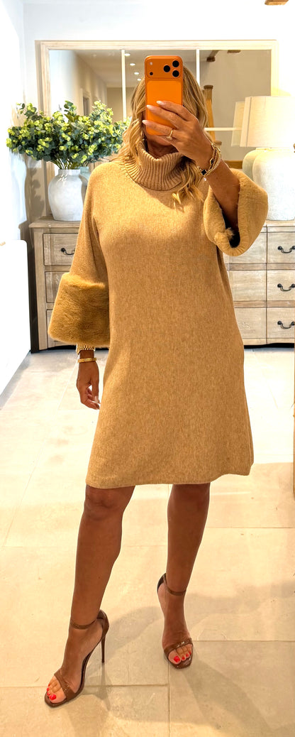 Myla Polo Neck Knit Dress with Faux Fur cuffs