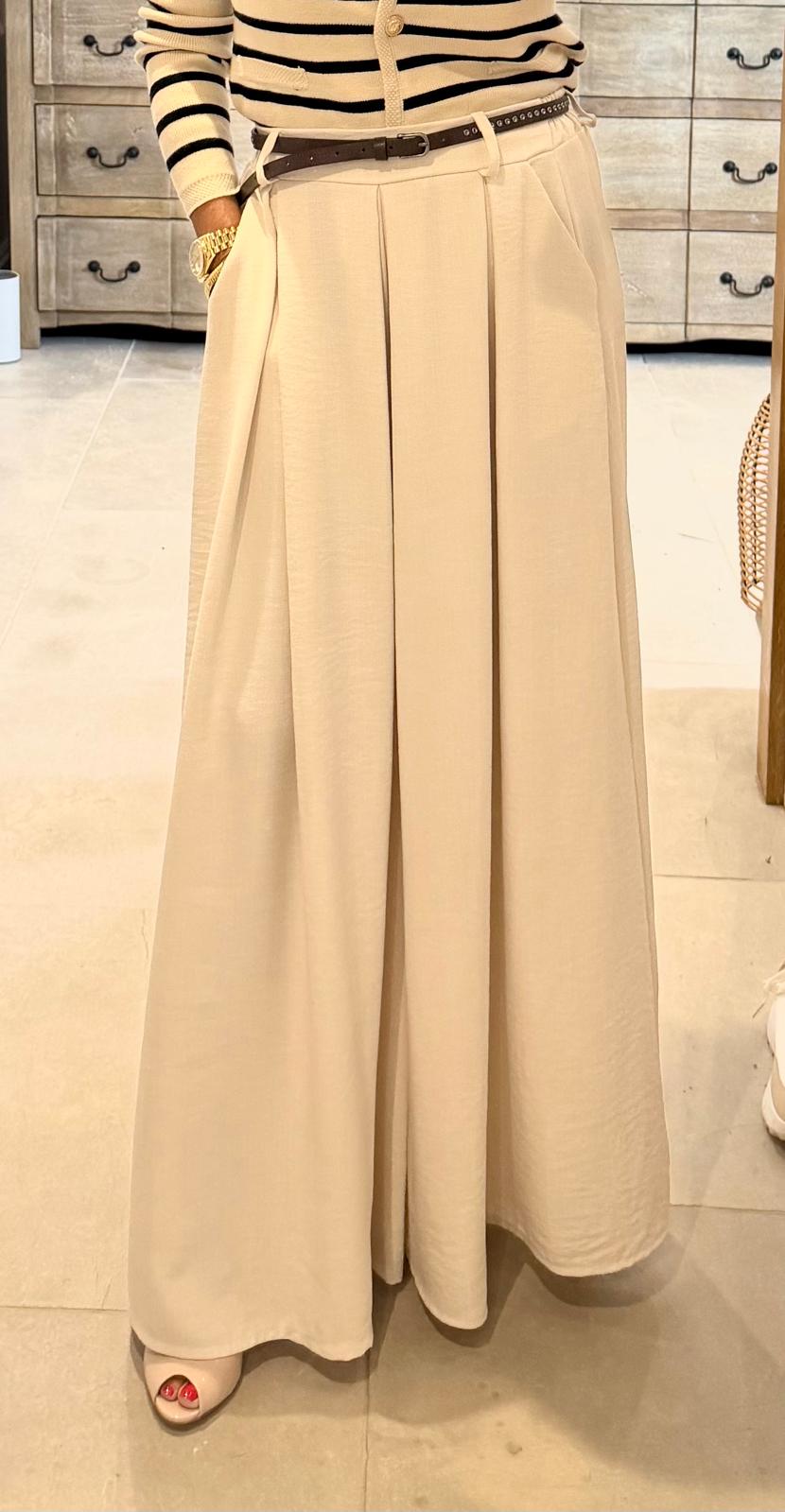 Gina Cream Wide Leg Pleated Trousers with Belt