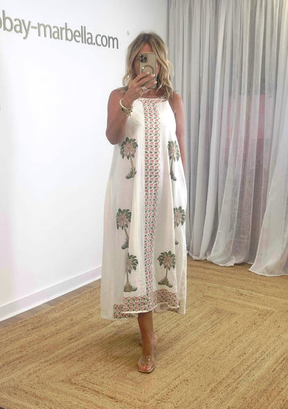 Cecily High Neck Ivory Maxi with Palm Print