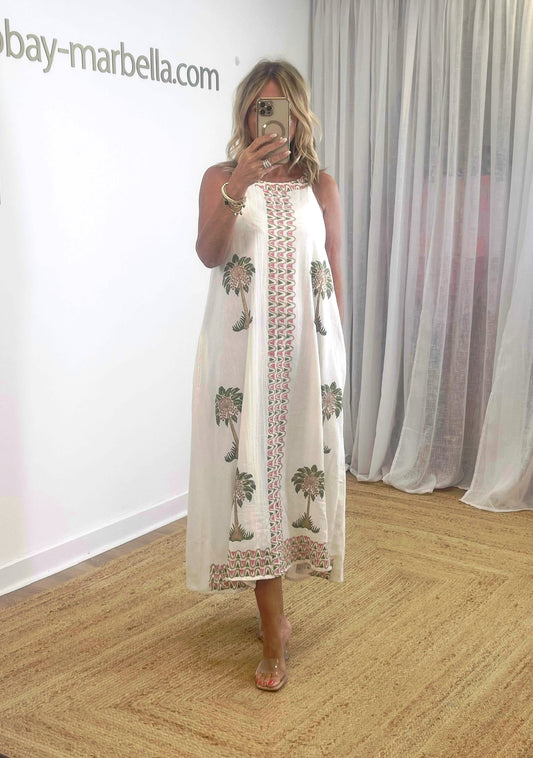 Cecily High Neck Ivory Maxi with Palm Print