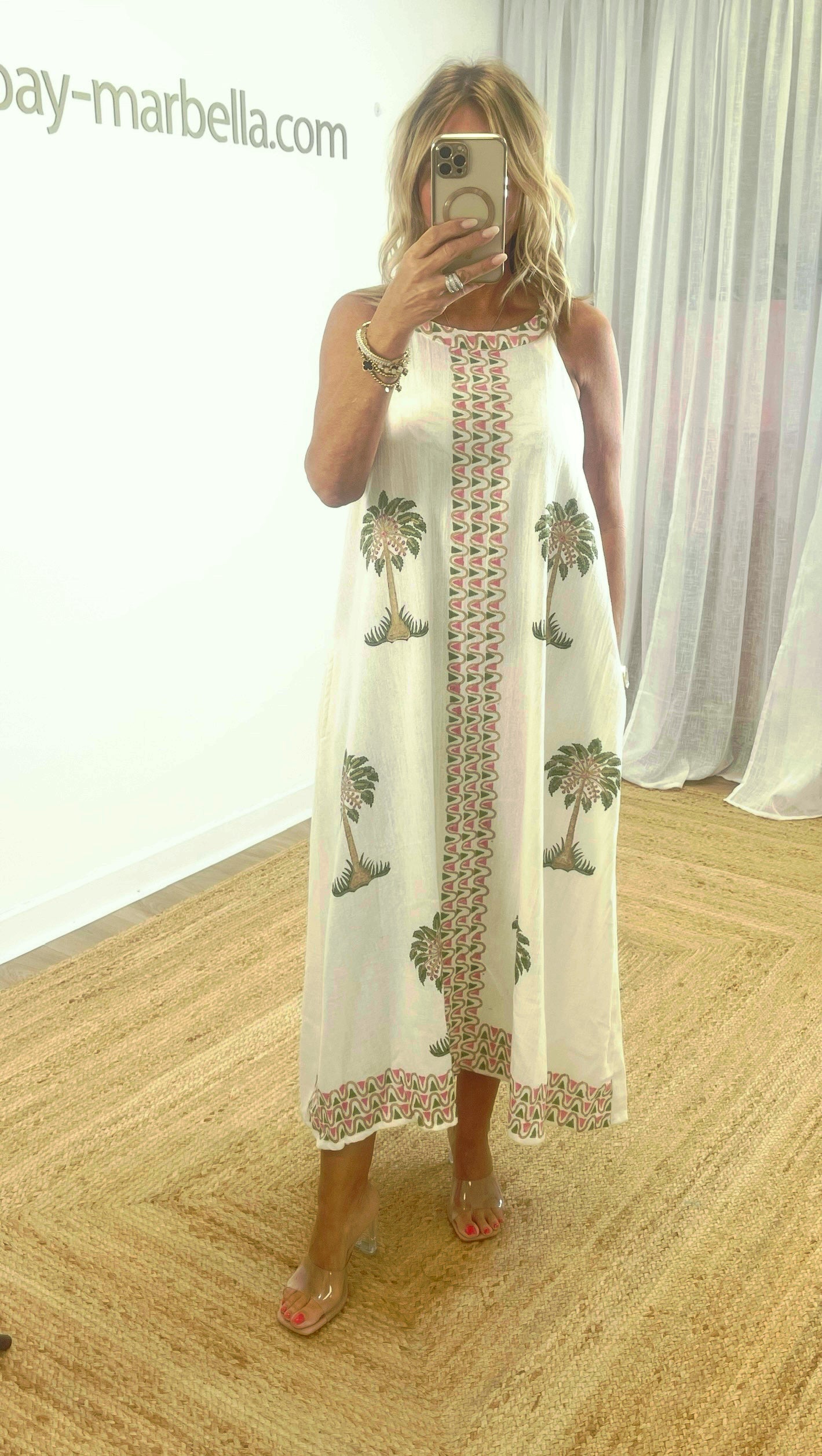 Cecily High Neck Ivory Maxi with Palm Print