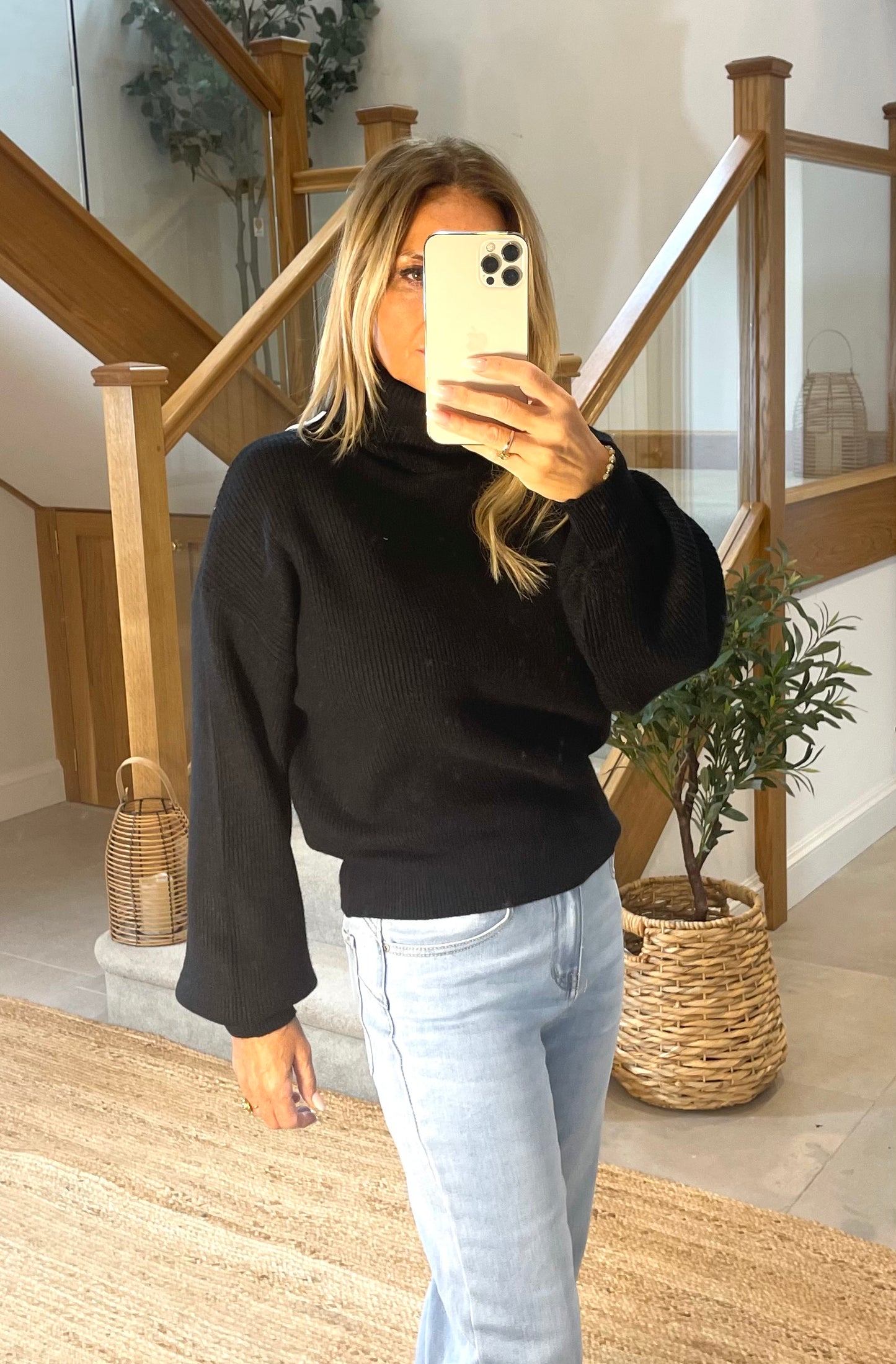 Delilah Ribbed Polo Neck Top with Blouson Sleeves