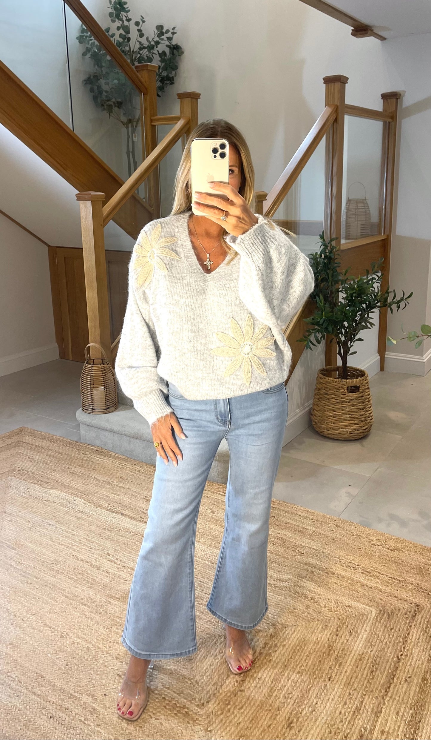 Fleur V-Neck Jumper with Flower Detail