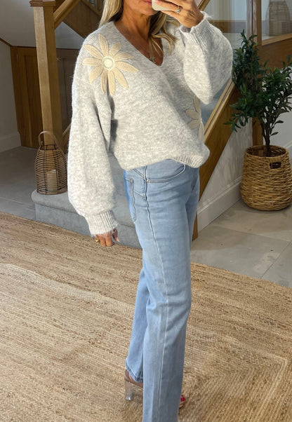 Fleur V-Neck Jumper with Flower Detail