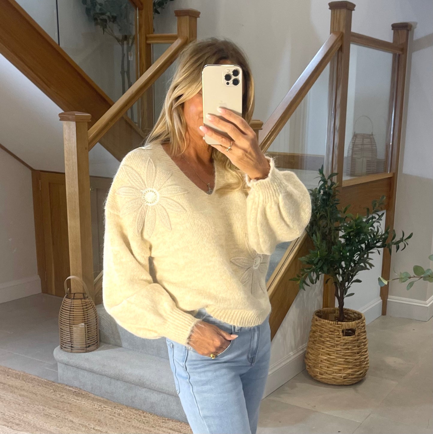 Fleur V-Neck Jumper with Flower Detail