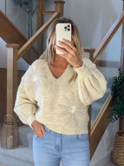 Fleur V-Neck Jumper with Flower Detail
