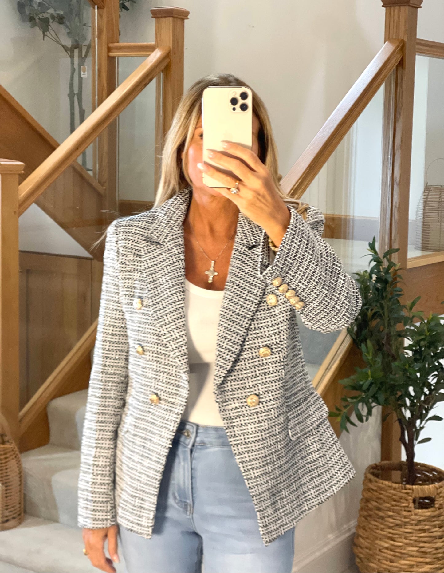 Tina White & Black Cotton Mix Tweed Jacket with Gold Buttons