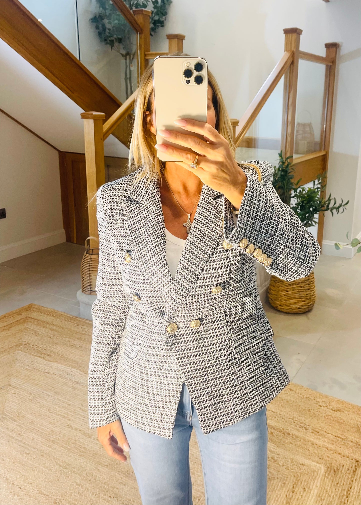 Tina White & Black Cotton Mix Tweed Jacket with Gold Buttons