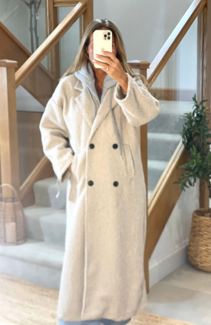 Maddie Double Breasted Full Length Over Coat with Hood