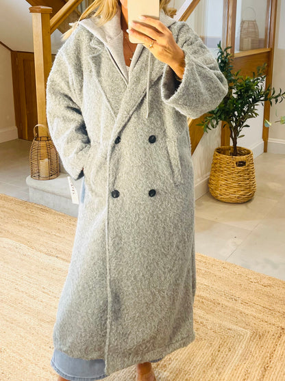 Maddie Double Breasted Full Length Over Coat with Hood