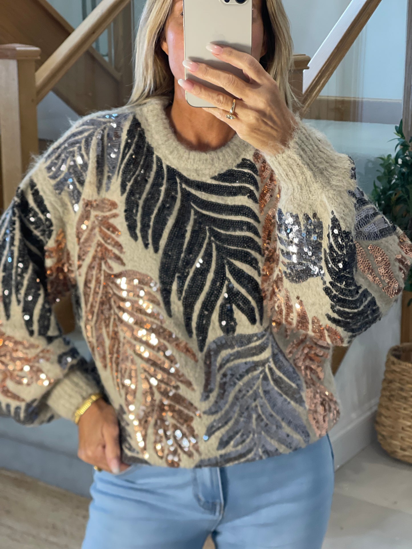 Lana Beige Wool Mix Jumper with Sequin Palm Detail