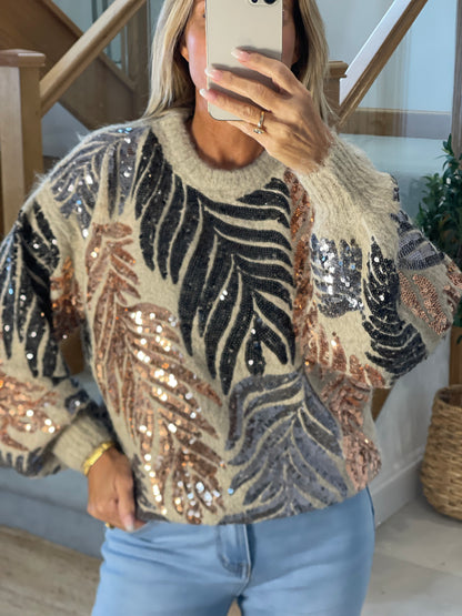 Lana Beige Wool Mix Jumper with Sequin Palm Detail