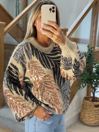 Lana Beige Wool Mix Jumper with Sequin Palm Detail