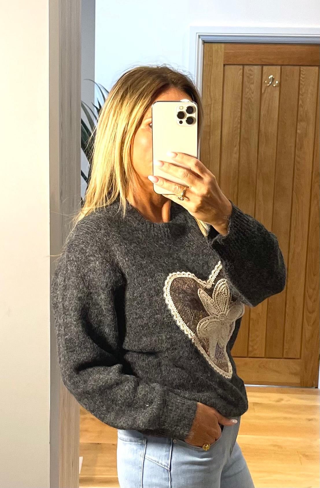 Valerie Charcoal Black Jumper with Heart and Flower Sequin Motif