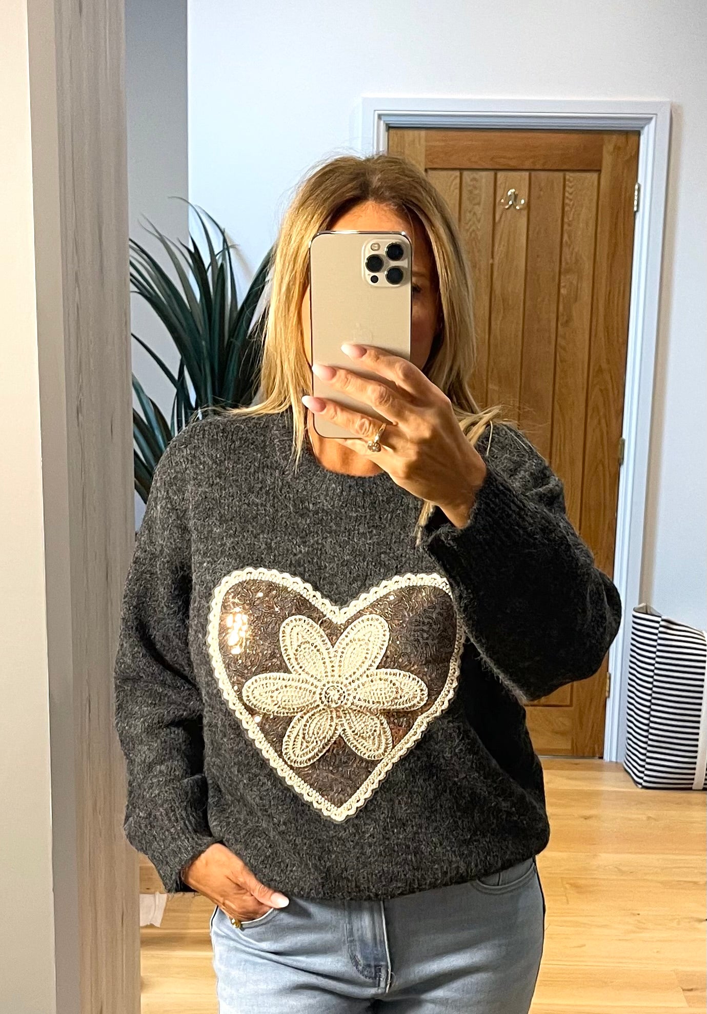 Valerie Charcoal Black Jumper with Heart and Flower Sequin Motif