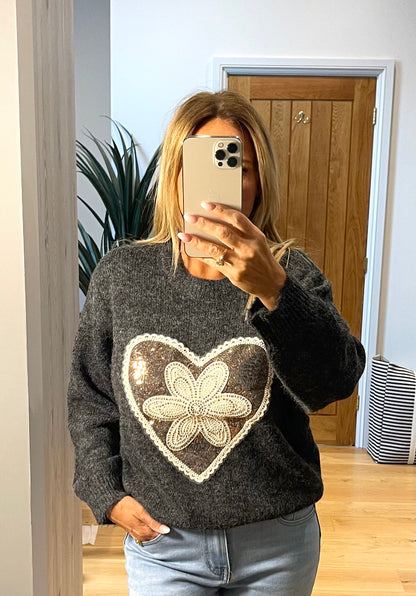 Valerie Charcoal Black Jumper with Heart and Flower Sequin Motif