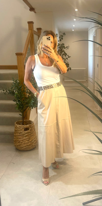 Penny Faux Leather Long Beige Skirt with Belt