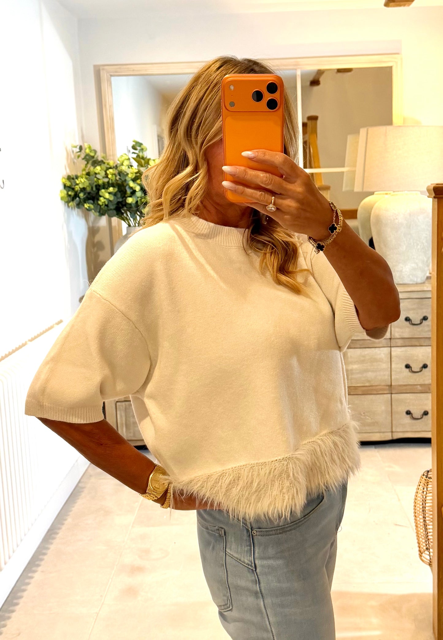 Fiona Cream Jumper with Faux Fur Band around Waist