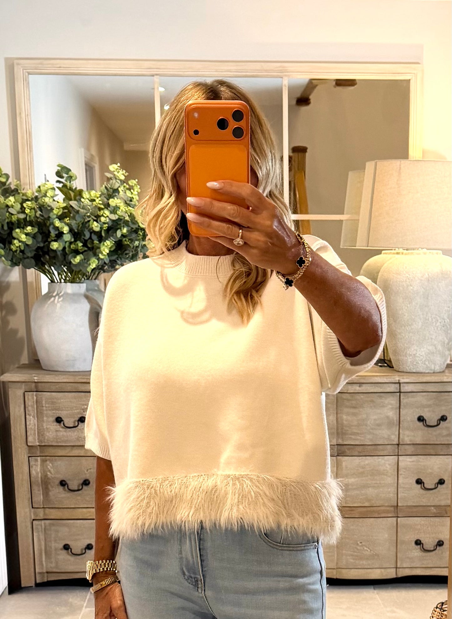 Fiona Cream Jumper with Faux Fur Band around Waist