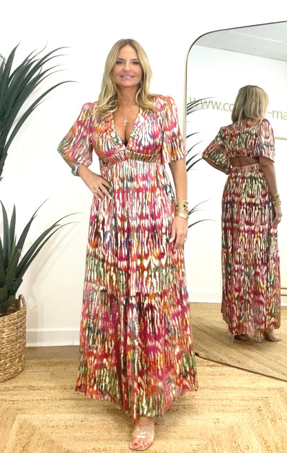 Sorrento Pink Gold V Neck Open Back Maxi Dress