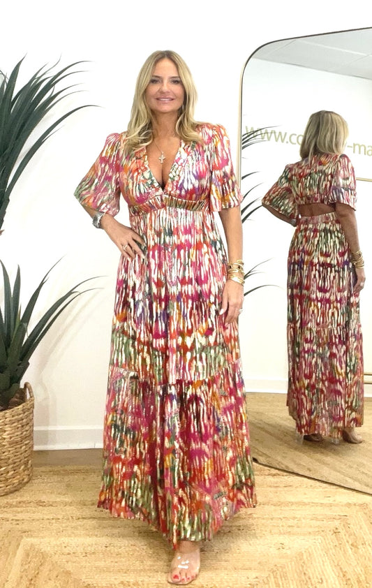 Sorrento Pink Gold V Neck Open Back Maxi Dress