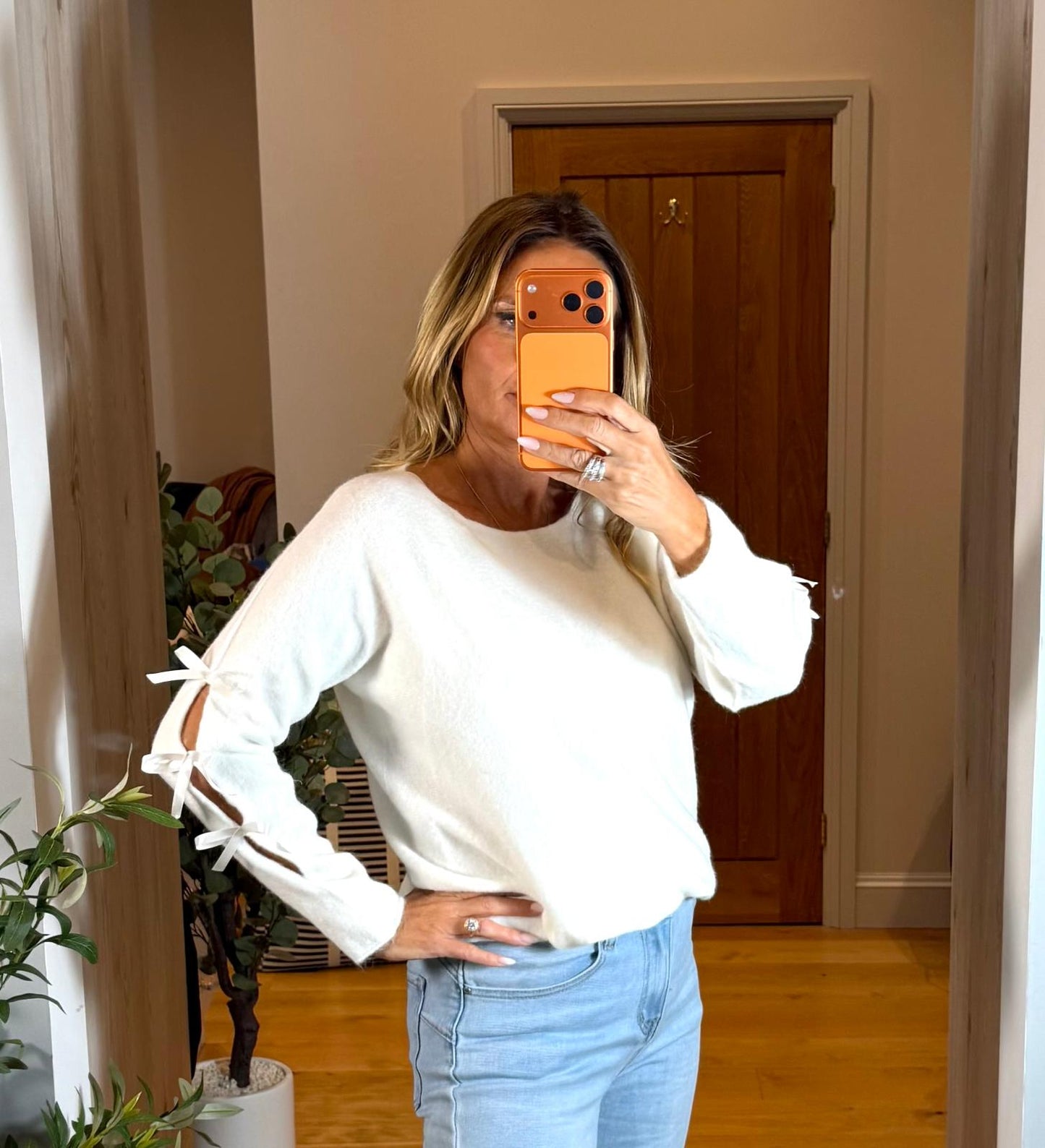 Amelia Slash Neck Jumper with Satin Bows on Sleeves