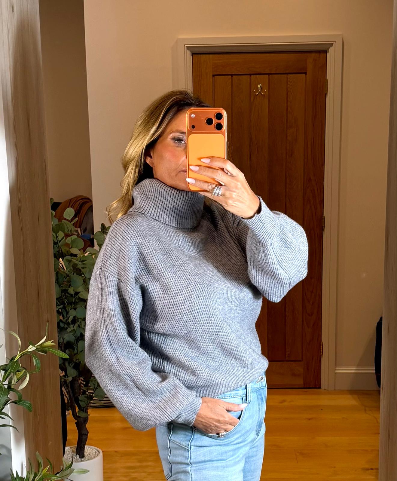 Delilah Ribbed Polo Neck Top with Blouson Sleeves