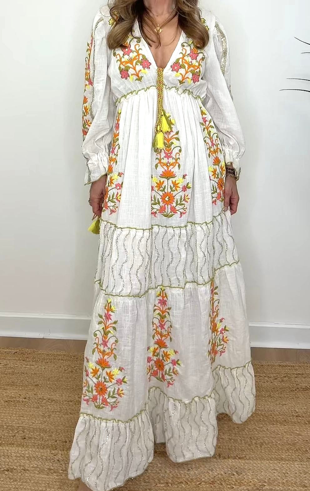 Java boho hand embroidered ivory maxi