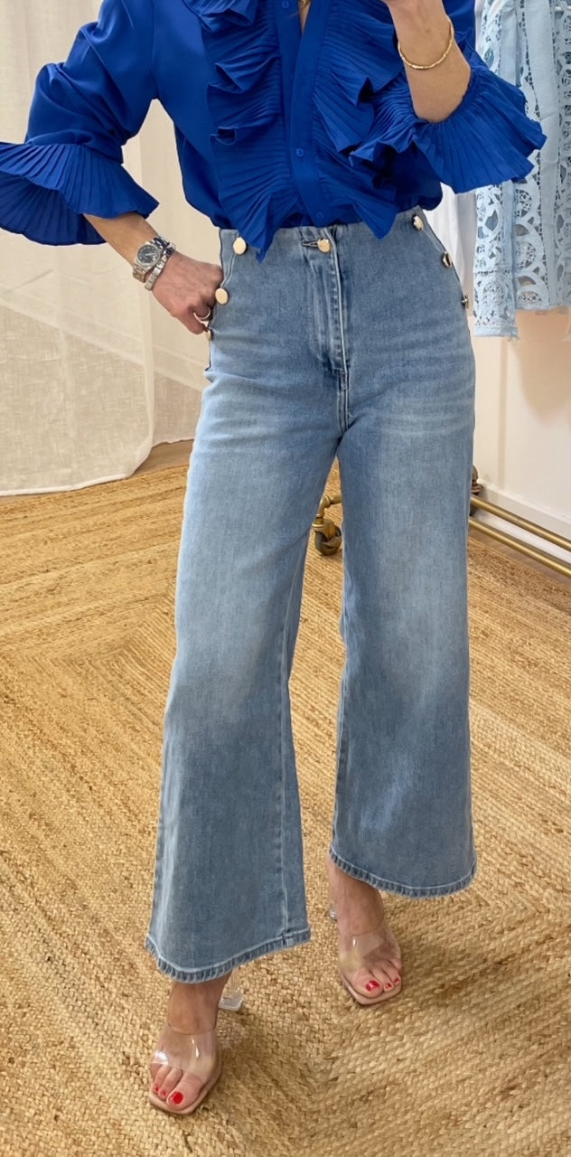 Sailor Wide Cropped Blue Jean Gold Buttons