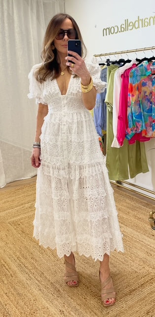 Valentina White Ruffles Midi Dress