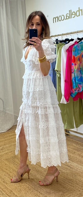 Valentina White Ruffles Midi Dress