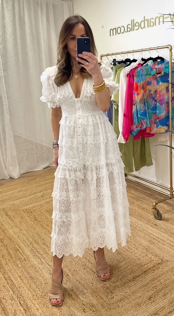 Valentina White Ruffles Midi Dress
